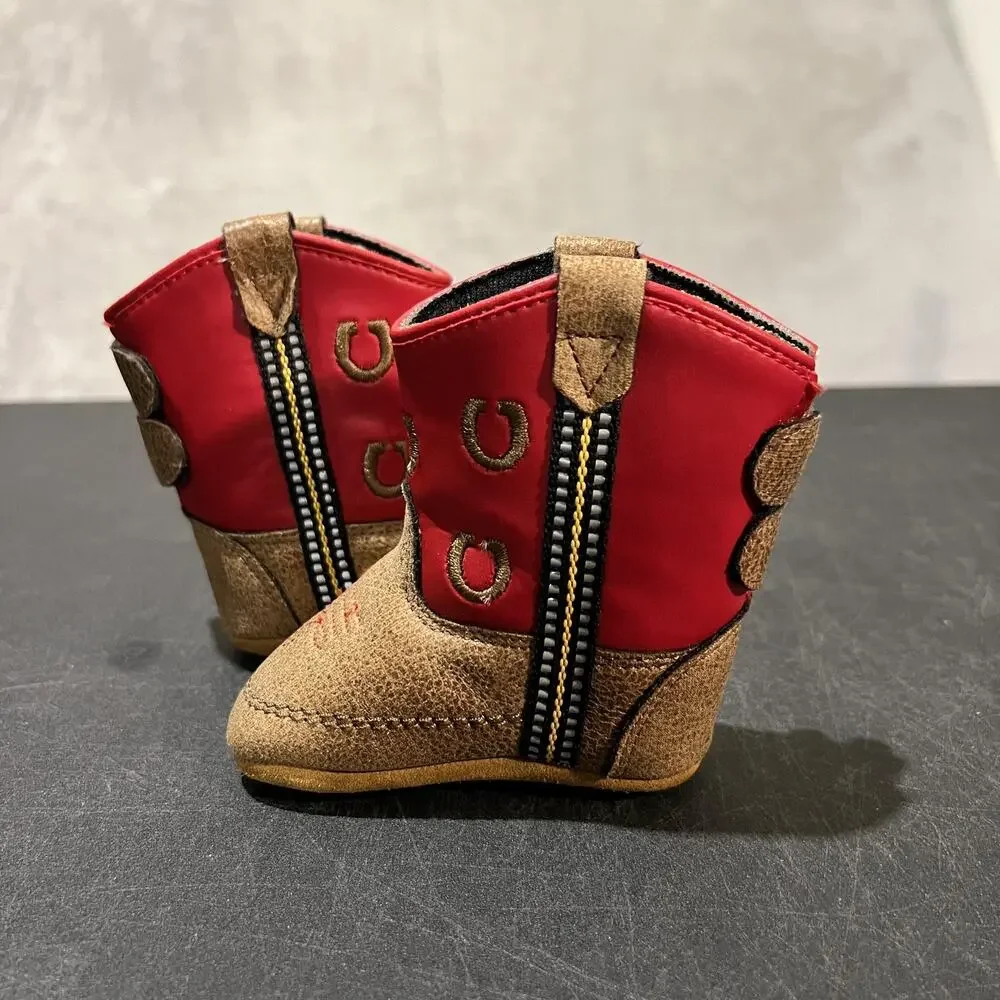 Old West Cowboy Boots Infant Size 1c Red Western Horseshoe Soft Sole Crib